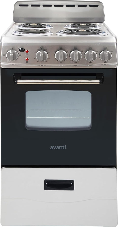 Avanti Electric Range Oven, 4 Coil Broilers, 2.1 Cu.Ft., Stainless Steel | Avanti Electric Range Oven, 4 Coil Burners, Built-In Broiler, Framed Glass Door, Storage Drawer, 2.1 Cu.Ft., Stainless Steel