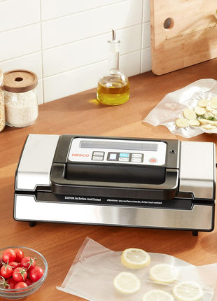 Nesco Deluxe Food VS-12 Vacuum Sealer, 130 Watts, Kit Bags & Viewing Lid, Compact, Silver
