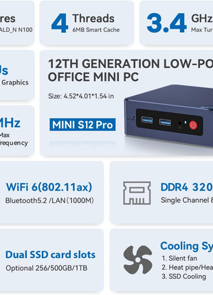 Beelink Mini S12 Pro Mini PC, Intel 12th Gen N100 (4C/4T, up to 3.4GHz), 16GB DDR4, 500GB SSD, Desktop Computer Support Dual HDMI 4K@60Hz, WiFi 6, BT5.2, NAS, Low Power