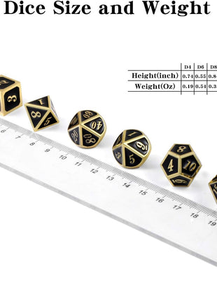 DNDND Metal Dice Set D&D, 7 die Metallic Polyhedral Dice Set with Gift Metal Box and Gold Number for DND Dungeons and Dragons Role Playing Games (Black and Gold)