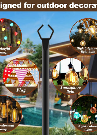 10Ft String Light Poles 4 Pack,Light Poles for Outside Lights,Outdoor with Fence Brackets Hanging Lights,Metal Stand Deck Patio Backyard