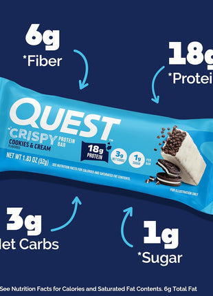Quest Nutrition Crispy Cookies & Cream Hero Protein Bar, 18g Protein, 1g Sugar, 3g Net Carb, Gluten Free, Protein Snack, Keto Friendly, 12 Count