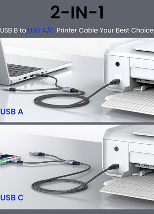 MOSWAG 2in1 USB Printer Cable 3.28FT/1M with USB C to MIDI Cable Printer Cable,USB MIDI Cable USB C to USB B MIDI Cable,Cable,Compatible with Music Instrument,Piano,Midi Keyboard,USB Microphone