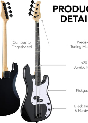 Best Choice Products Full Size Beginner 4-String Electric Bass Guitar, Wooden PB-Style Bass Starter Set w/Padded Carrying Case - Black/White