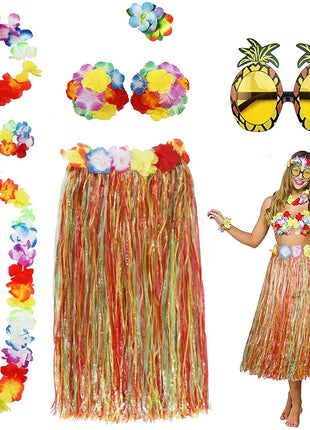 PHOGARY 8 Pack Hula Skirt Costume Kit for Hawaii Luau Party - Dancing Hula with Flower Bikini Top, Hawaiian Lei