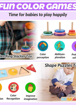 Montessori Toys for 1+ Year Old, 9-in-1 Learning Educational Toys | Wooden Montessori Toys with 3-in-1 Activity Box, Pound Bench, Shape Puzzle, Cloth Books, Fishbone Matching & Ring Stacker