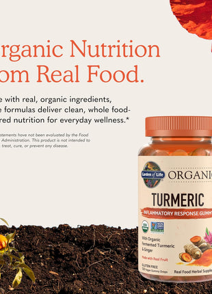 Garden of Life Organics Turmeric Inflammatory Response Gummy - 120 Real Fruit Gummies for Kids & Adults, 50Mg Curcumin (95% Curcuminoids), No Added Sugar, Organic, Non-GMO, Vegan & Gluten Free