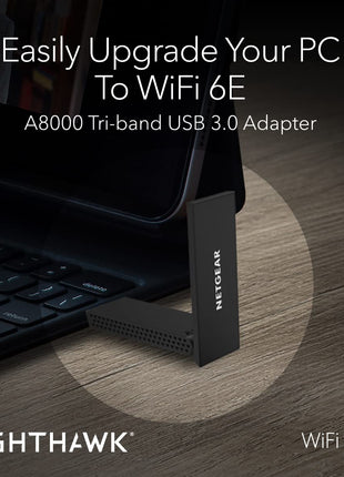 NETGEAR Nighthawk WiFi 6E USB 3.0 Adapter (A8000) - AXE3000 Tri-Band Wireless Gigabit Speed (Up to 3Gbps) - New 6GHz Band – Works with Any WiFi 6 or 6E Router Or Mesh System - for Windows PC