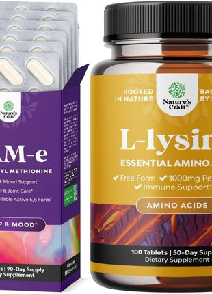 Bundle of Pure SAM E Supplement 150mg - Nootropic Same 150mg Per Serving for Memory & Brain Support and L Lysine 1000mg Free Form - L-Lysine Supplement for Eye Health Lip Care Collagen Synthesis