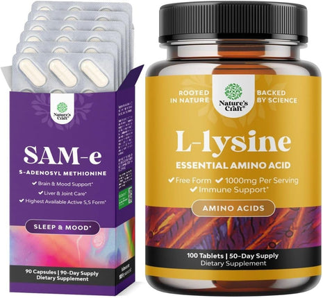 Bundle of Pure SAM E Supplement 150mg - Nootropic Same 150mg Per Serving for Memory & Brain Support and L Lysine 1000mg Free Form - L-Lysine Supplement for Eye Health Lip Care Collagen Synthesis