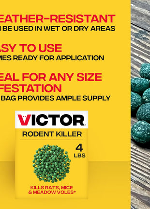 Victor Rat Poisoning for Inside & Outdoor Use - Kills Rats, Mice, Meadow Voles, Mouse Poisoning for Indoor & Outside Areas, Ready-to-Use, Yellow, M925, 4 lbs