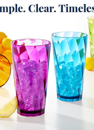 US Acrylic Optix Plastic Reusable Drinking Glasses (Set of 8) 20oz Water Cups in Jewel Tone Colors | BPA Free Tumblers, Made in USA | Top Rack Dishwasher Safe