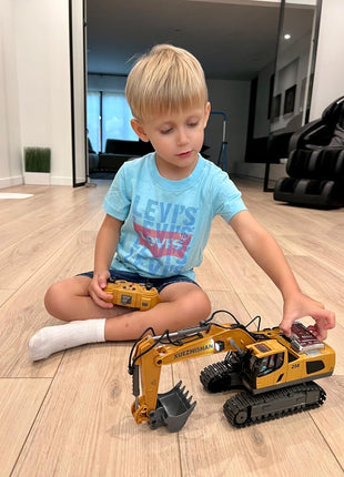 KIDMARKT Remote Control Excavator Toy for Boys | 11-Channel Metal Construction Truck with Lights, 2×1200mAh Batteries, 120-Min Playtime | RC Excavator Toys for Kids Ages 3-12, STEM Gift for Birthday