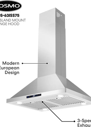 30 in. Lumin Coll 380 CFM Ducted Island Range Hood, LED, Stainless Steel | Cosmo COS-63ISS75 Soft Touch Controls, 3 Fan Speeds, Permanent Dishwasher-Safe Baffle Filters, Timer and Clock