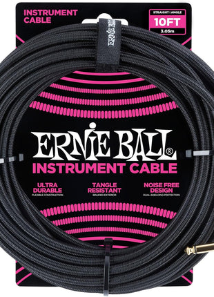 Ernie Ball Braided Instrument Cable, Straight/Angle, 10ft, Black (P06081)
