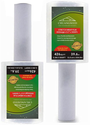 2-Pack Industrial Mini Clear Stretch Wrap Film 80 Gauge 5.1" 1000ft for Pallet Wrap with Plastic Handle,Durable Self-Adhering Packing,Moving,Packaging,Heavy Duty Shrink Film Chuangseed