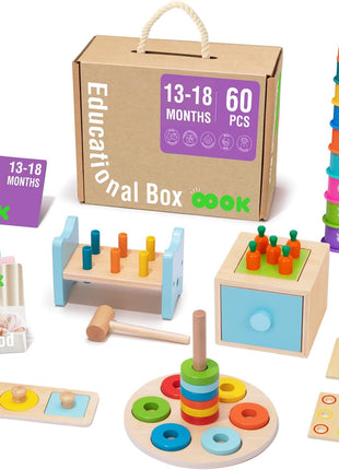 TOOKYLAND Montessori Toys for 1 Year Old, 8 in 1 Learning Educational Set | Wooden Toys Set (Includes Stacking Cups, 3-in-1 Educational Box, Pound Bench, Shape Puzzle and More)