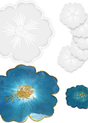 Panamalar Silicone Resin Molds, 1PCS Large Resin Tray Mold and 5PCS Coaster Molds for Resin Casting, Flower Shape Epoxy Resins Casting Molds for DIY, Home Decoration, Table Wine Tray-6 PCS