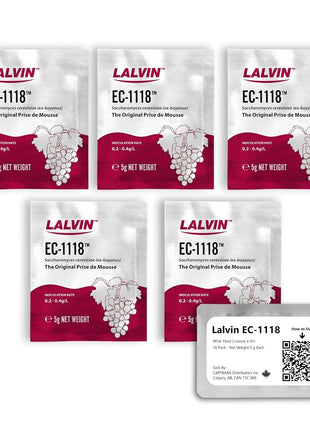 Lalvin EC-1118 Wine Yeast (5 Pack) - Champagne Yeast - Make Wine Cider Mead Kombucha At Home - 5 g Sachets - Saccharomyces cerevisiae - Sold by CAPYBARA Distributors Inc.
