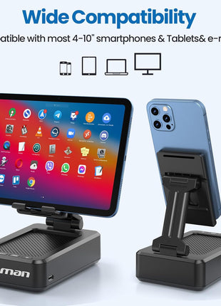 JTEMAN Cell Phone Stand with Bluetooth Speaker, HD Stereo Sound & Anti-Slip Base, Foldable Adjustable Desktop Phone Holder for Home Office, Cool Tech Gadgets Birthday Gifts for Men Women (Black)