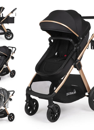 6-in-1 Convertible Baby Stroller with Bassinet Pushchair - Folding Infant Newborn Stroller w/Footmuff, Rain Cover, Cup Holder & Large Storage, Toddler w/All-Scene Large Wheels, Reversible Seat(Black)