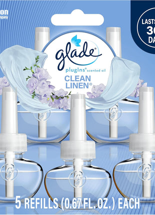 Glade PlugIns Refills Air Freshener, Scented and Essential Oils for Home and Bathroom, Clean Linen, 3.35 Fl Oz, 5 Count