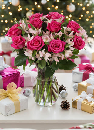 Benchmark Bouquets - Charming Roses & Alstroemeria (Glass Vase Included) - Fresh Flowers for Delivery - Gift for Graduation, Birthday, Anniversary, Sympathy, Get Well, Congratulations
