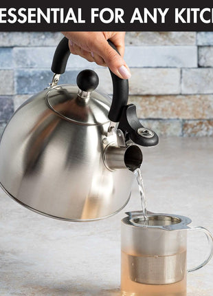 Primula Stewart Whistling Tea Kettle for Stovetop, Stainless Steel Stove Top Kettle with Fast Boil Whistling Spout and Cool Touch Folding Handle, 1.5-Quart, Brushed Silver with Black Handle