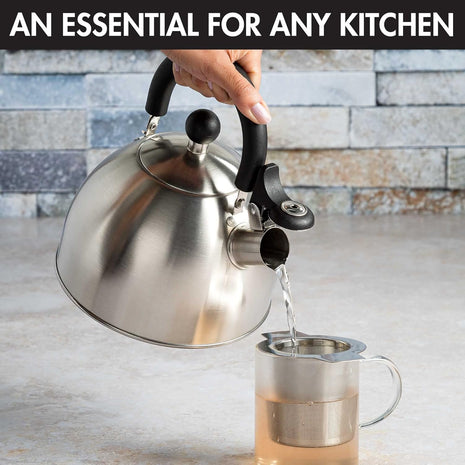Primula Stewart Whistling Tea Kettle for Stovetop, Stainless Steel Stove Top Kettle with Fast Boil Whistling Spout and Cool Touch Folding Handle, 1.5-Quart, Brushed Silver with Black Handle