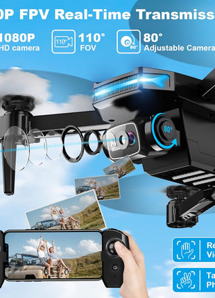 Drone with 1080P Camera - Foldable Remote Control Quadcopter with Gesture Control, 3D Flip, One Key Start, Emergency Stop, 2 Batteries, Easier to use, Toy for Kids Adult Beginners