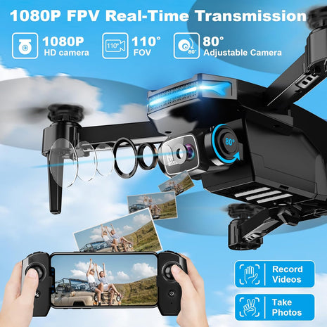 Drone with 1080P Camera - Foldable Remote Control Quadcopter with Gesture Control, 3D Flip, One Key Start, Emergency Stop, 2 Batteries, Easier to use, Toy for Kids Adult Beginners