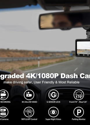 Dash Camera, 4K/1080p Dash Camera Front and Rear, Built-in 5GWiFi, Dash Cam with 64GB SD Card, Full HD 2.0" IPS Screen, for App Control, G-Sensor, Loop Recording, and Parking Mode