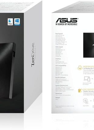 ASUS ZenDrive Black 13mm External 8X DVD/Burner Drive +/-RW with M-Disc Support, Compatible with Both Mac & Windows and Nero BackItUp for Android Devices (USB 2.0 & Type-C Cables Included)