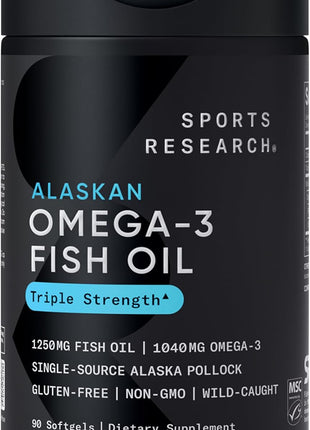 Sports Research Triple Strength Omega 3 Fish Oil   Burpless Fish Oil Supplement w/EPA & DHA Fatty Acids from Single Source Wild Alaskan Pollock   1250 mg, 90 ct
