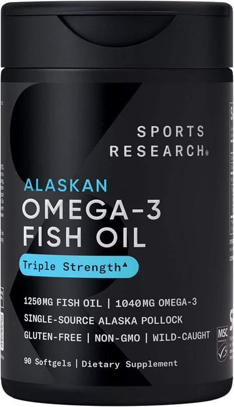 Sports Research Triple Strength Omega 3 Fish Oil   Burpless Fish Oil Supplement w/EPA & DHA Fatty Acids from Single Source Wild Alaskan Pollock   1250 mg, 90 ct