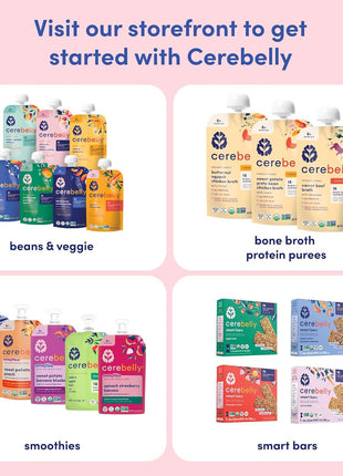 Cerebelly Organic Baby Food Pouches, Veggie & Fruit Variety Pack, DHA, 8ct | 16 Brain Nutrients, Calcium, Non-GMO, BPA-Free, No Added Sugars, Stage 1 & 2, Shelf-Stable, Nut-Free, Dairy-Free, Gluten-Free