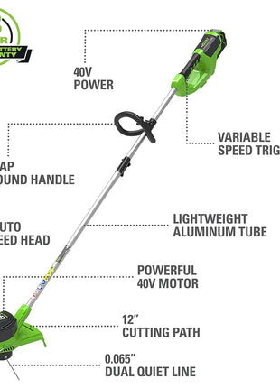 Greenworks 40V 12 Inch Cordless String Trimmer with 2Ah Battery & Charger, Dual Auto Feed Line, Variable Speed, Lightweight Weed Eater, 3 Year Warranty