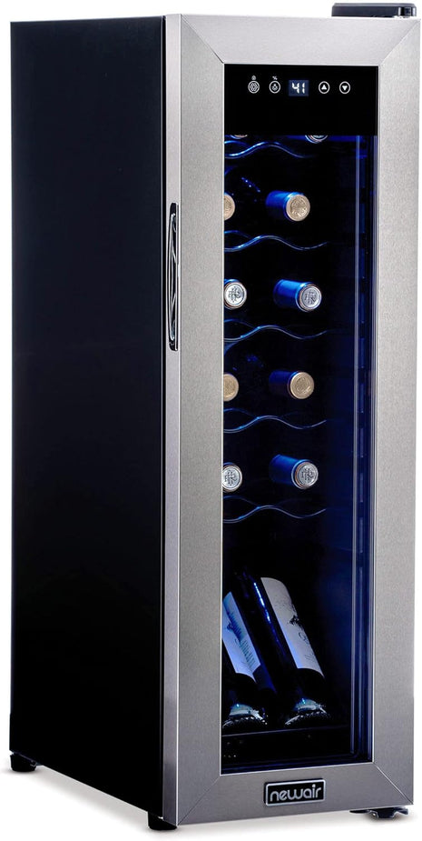 NewAir 12 Bottle Wine Cooler Refrigerator | Freestanding Wine Fridge | Stainless Steel, Double-Layer Tempered Glass Door, Quiet Compressor | 41F-64F Digital Temperature Control For Reds & Whites Wine