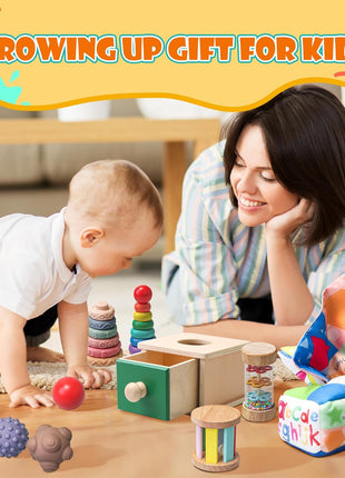 Montessori Toys for Babies 6-12 Months,1 Year Old,8 in 1 Learning Educational Set Wooden Sensory Toys for Baby Toys 12-18 Months (Includes Tissue Box Toy,Rainmaker and More)
