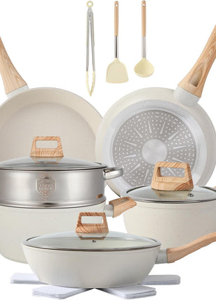 16PCS Pots and Pans Set Non Stick Cookware JueGo De Ollas Para Cocina | Beautiful Great Value Food Cooks Evenly Cleans Easily With Frying Pan