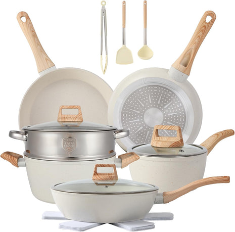 16PCS Pots and Pans Set Non Stick Cookware JueGo De Ollas Para Cocina | Beautiful Great Value Food Cooks Evenly Cleans Easily With Frying Pan