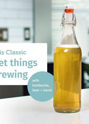 Otis Classic Swing Top Glass Bottles   Set of 6, 16oz w/Marker & Labels   Clear Bottle with Caps for Juice, Water, Kombucha, Wine, Beer Brewing, Kefir Milk or Eggnog