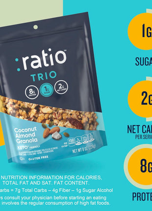 Ratio Trio Coconut Almond Granola Cereal, 1g Sugar, Keto Friendly, 8 oz Resealable Bag