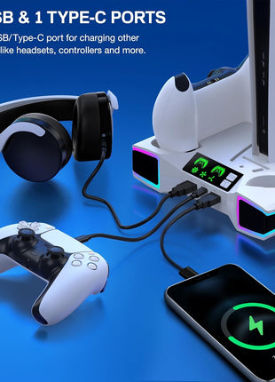 LIFUFUTEE PS5 Stand, PS5/Slim/Pro Cooling Station with 2.36in Cooling Fan, Controller Charger Station for PS5 Accessories, RGB Light, Headset Holder, 3 Charger Ports for PlayStation 5 Slim/Pro Console