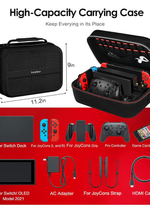 iVoler Carrying Storage Case for Nintendo Switch/Switch OLED Model (2021), Portable Travel All Protective Hard Messenger Bag Soft Lining 18 Games for Switch Console Pro Controller & Accessories Black