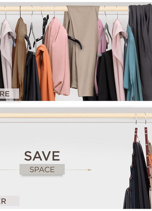 MORALVE Pants Hangers Space Saving - 2 Pack European Beechwood Scarf and Jean Hangers - Closet Organizer and Space Saver Pant Rack, Leggings Hanger, and Scarf Holder with 360° Swivel Hook
