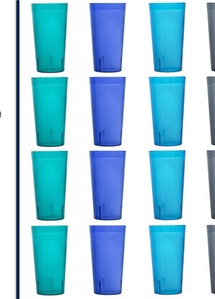 US Acrylic Cafe Plastic Reusable Tumblers (Set of 16) 20 ounce Water Cups Coastal Colors | Restaurant Style Drinking Glasses Value Set, Stackable, BPA free, Made in the USA | Top rack Dishwasher Safe