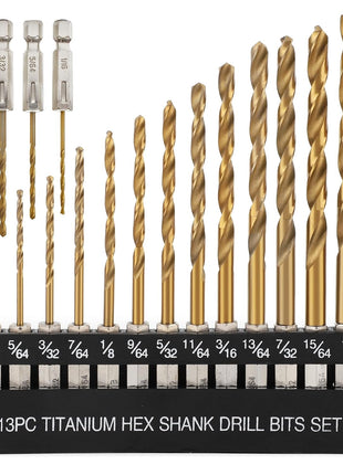 COMOWARE Titanium Twist Drill Bit Set - 16 Pcs Hex Shank High Speed Steel for Wood Plastic Aluminum Alloy, Quick Change, 1/16 inch-1/4 inch