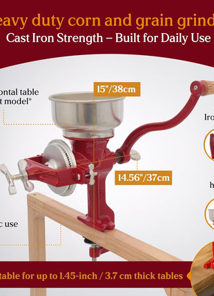 Estrella Cast Iron Manual Corn Grinder, Hand Grain Mill, Molino de Maiz Manual, Red Molino for Corn, Nixtamal, Masa, Coffee & Spices