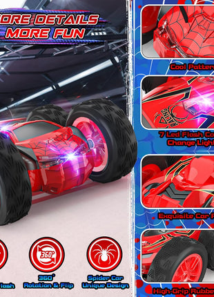 Remote Control Car for Kids, RC Stunt Cars Toys for Boys Ages 4-7 with Cool Double-Sided Pattern and LED Flash, 1:24 Vehicle Toy Car Hobby Racing Car Toys Gift for 3 4 5 6 7 8 9 Year Old Boys